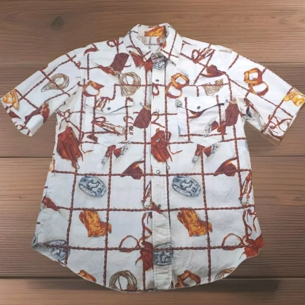 Vintage Rockabilly Pearl Snap Shirt Lg XL Bootheel Rodeo Bareback Barbed Wire